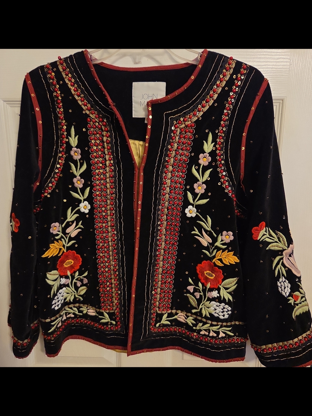 John Mark Black Velvet Embroidered Floral Tunic Jacket - Black & Red Accents